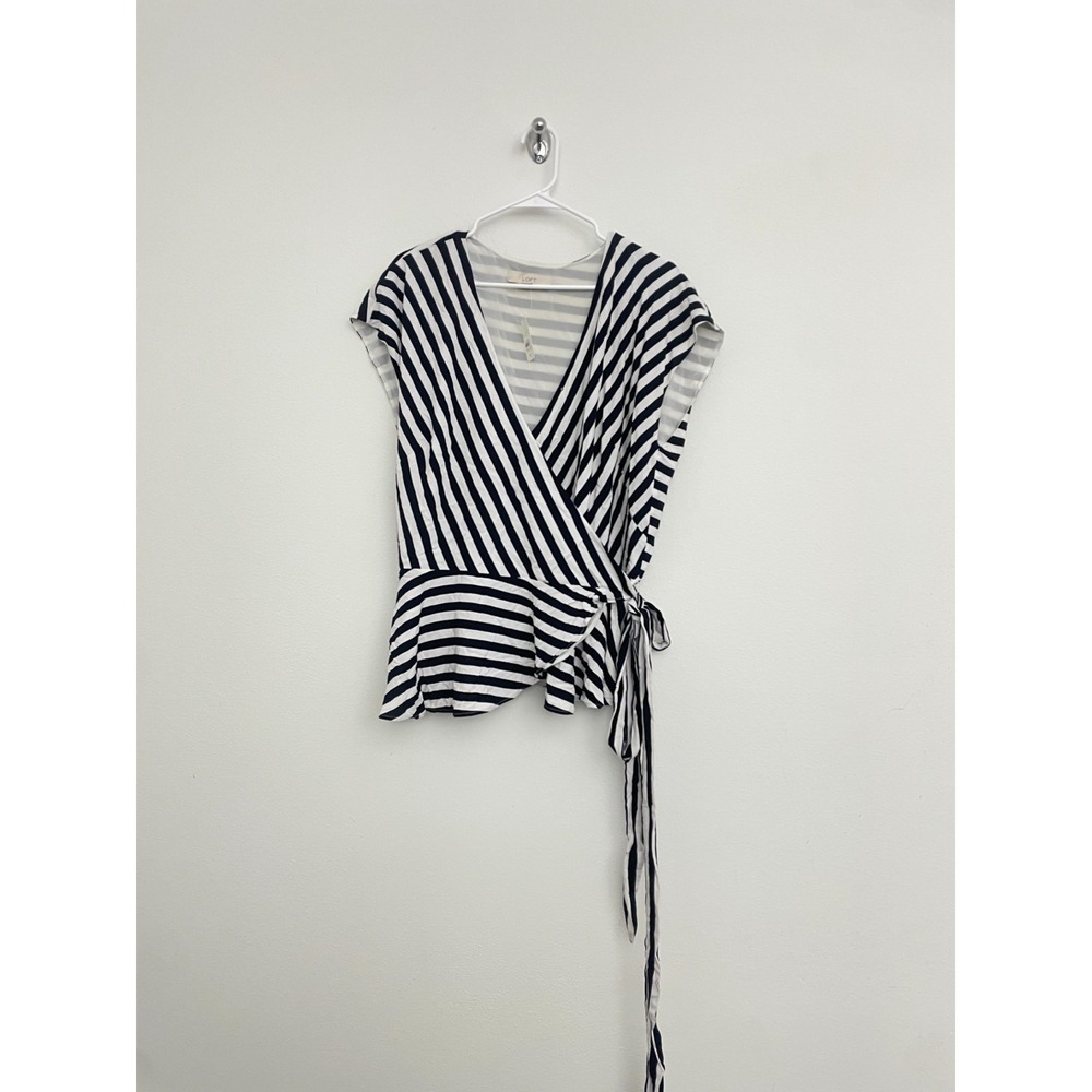 Ann Taylor Loft Wrap Top Women XL Navy Blue Striped V Neck‎ Office Classic Tie